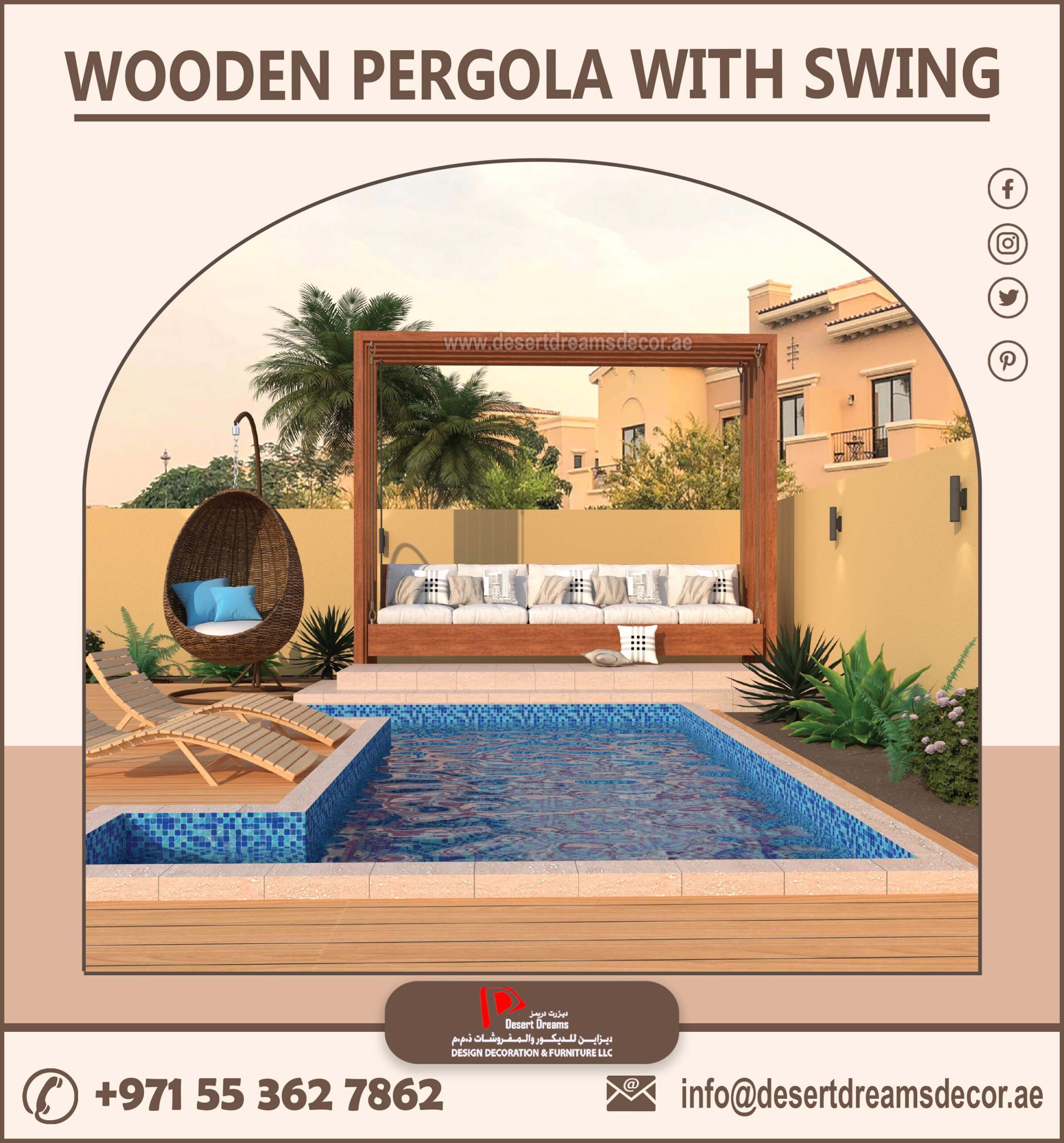 Wooden Pergola with Swing Bed Uae.