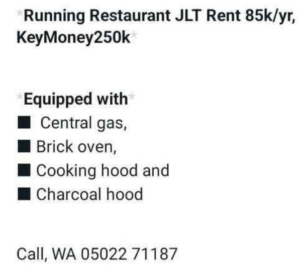 Running Restaurant JLT Rent 85k/yr, KM250k