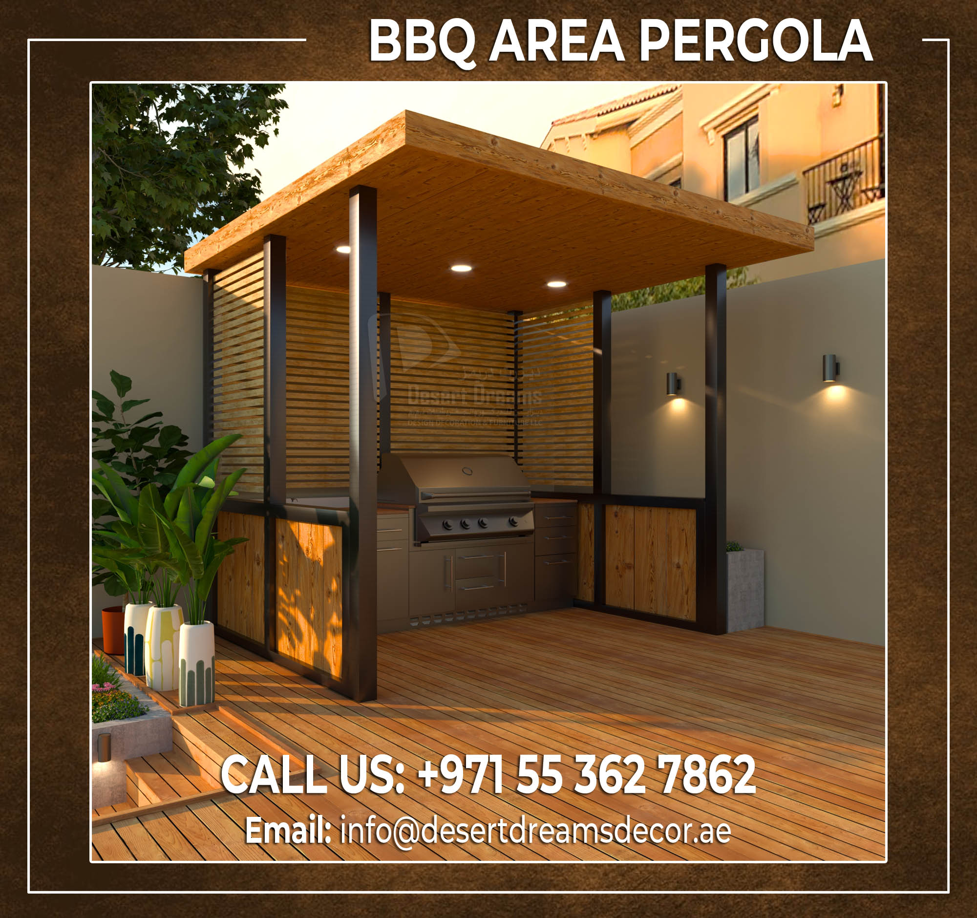 BBQ Pergola Uae | Teak Wood Pergola | Sun  Shades Pergola Dubai.