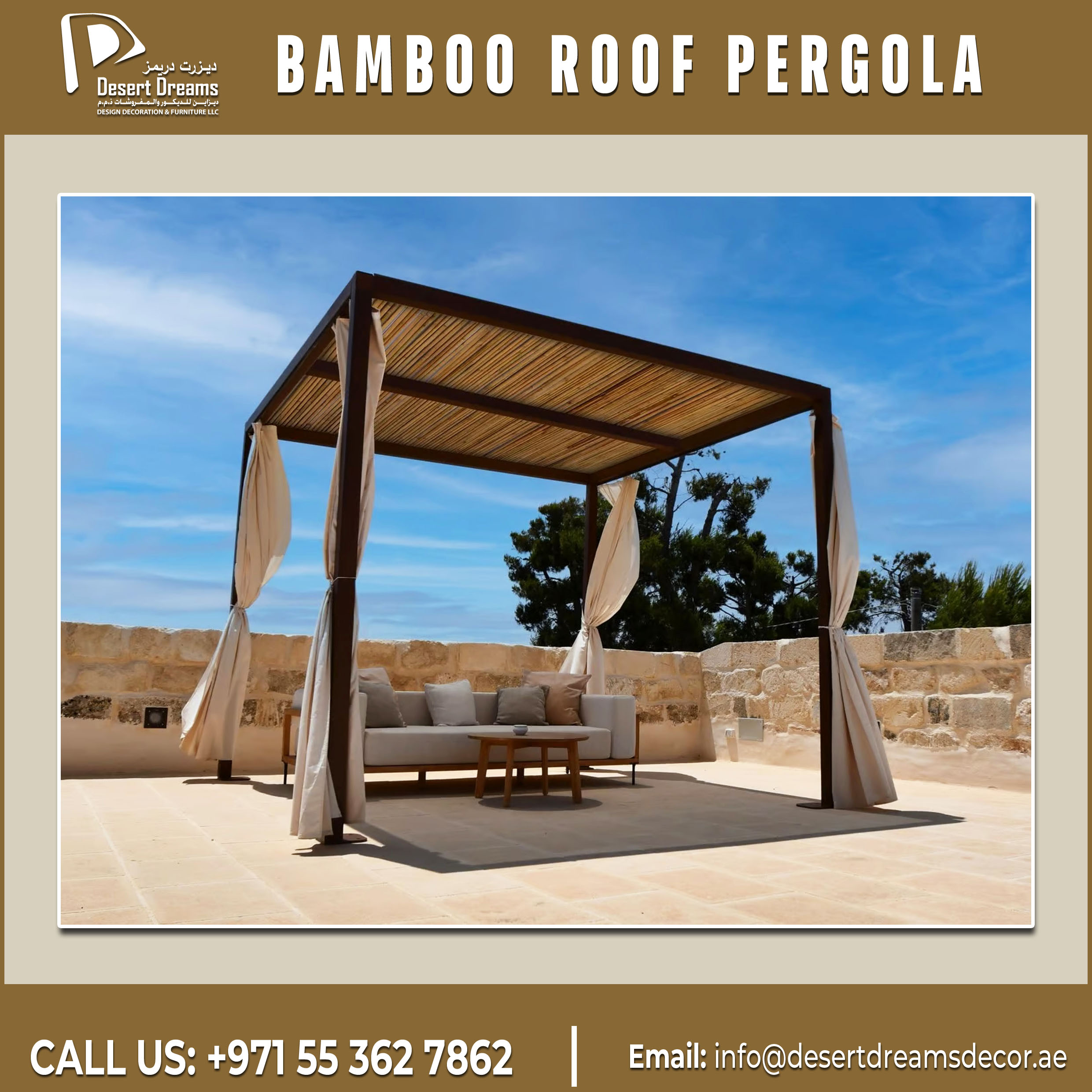 Bamboo Roofing Pergola in Dubai | Aluminum and Wooden Pergola.