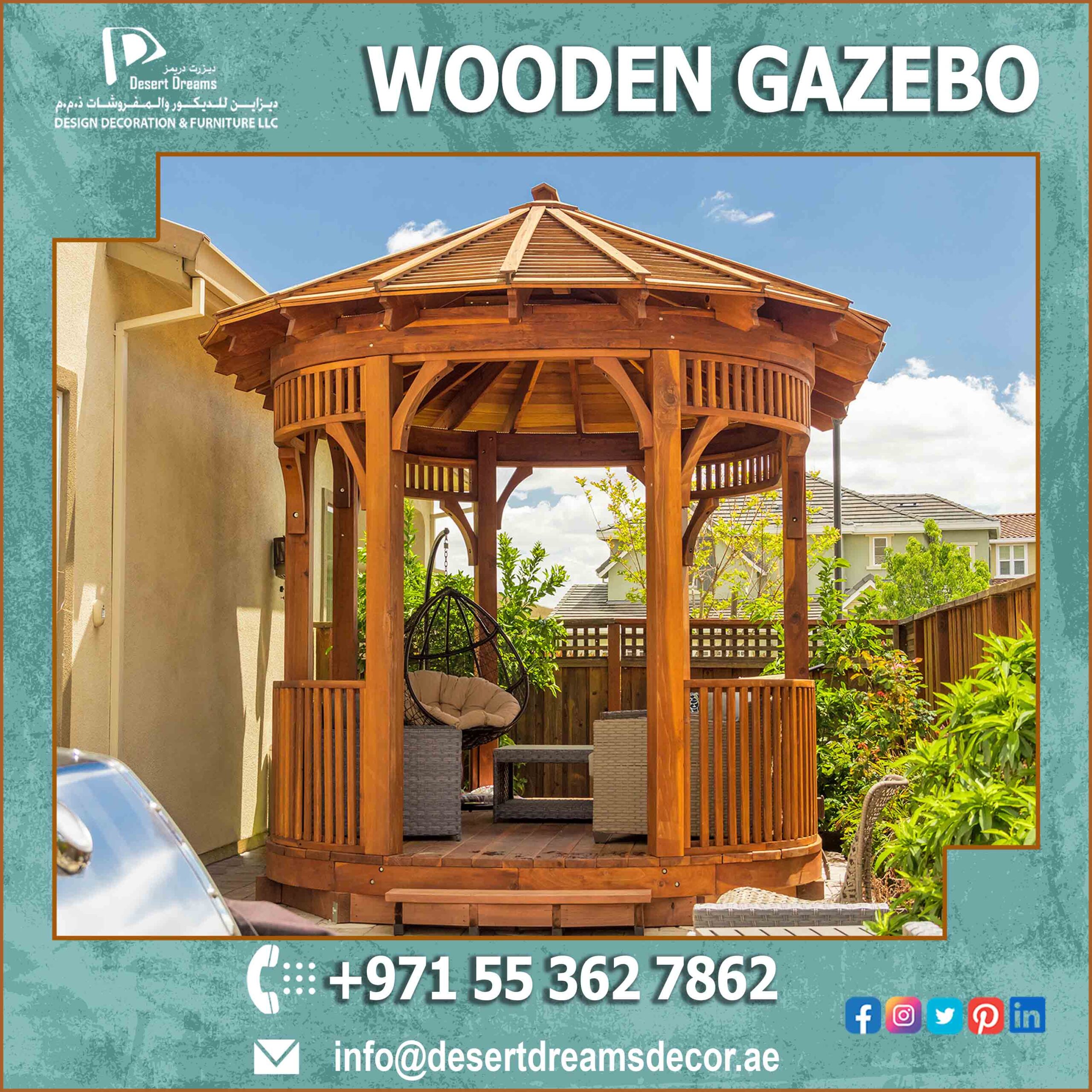 Outdoor Living Wood Gazebo with Wooden Roof in Uae.