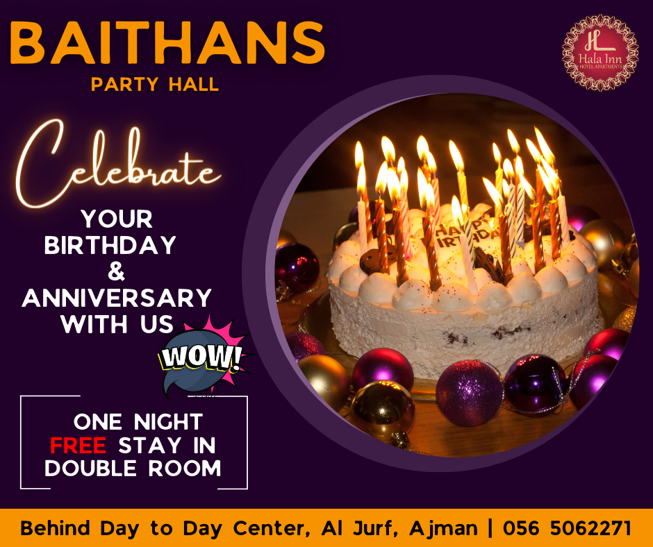 FREE ONE NIGHT STAY ON BOOKING OF PARTY HALL IN AJMAN